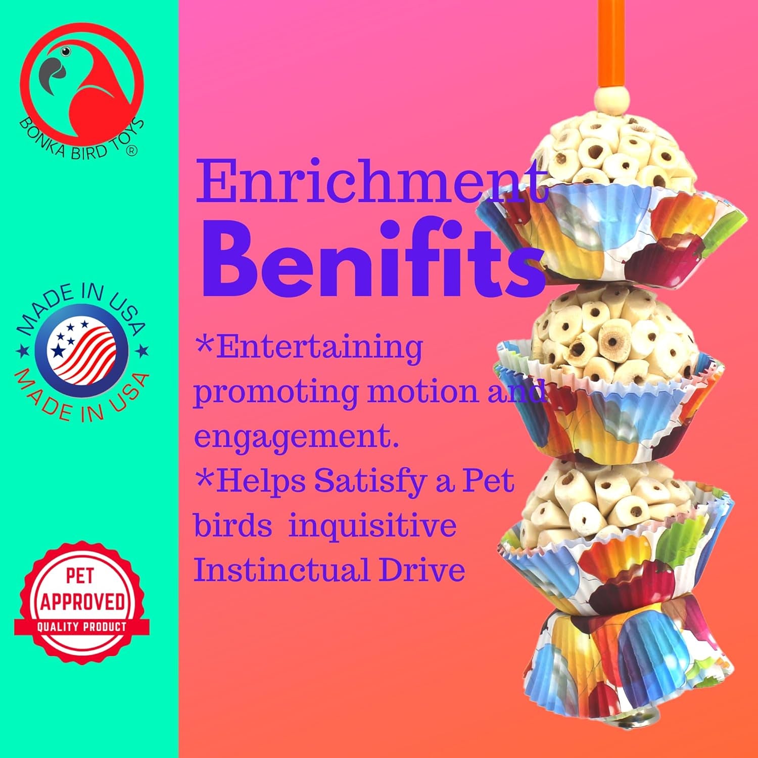 1931 Three Cake, 11.75" Hanging Bird Toy with Sola Balls, Cupcake Cups, Wooden Beads, Bell, and Straw, Chewable and Shreddable, Safe for Parrots, and Small Birds