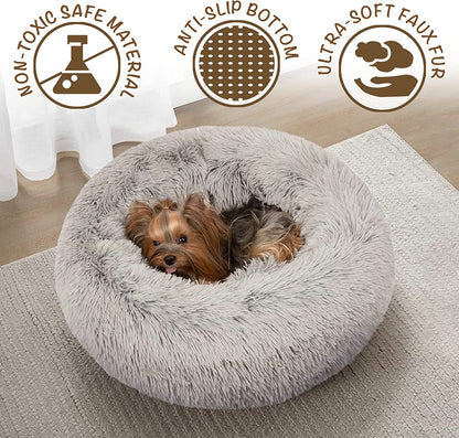 Donut Dog Bed Faux Fur Fluffy Calming Sofa for Small Dogs, Soft & Plush anti Anxiety Pet Couch for Dogs, Machine Washable Coco Pet Bed with Non-Slip Bottom, 23"X23"X6" Grey