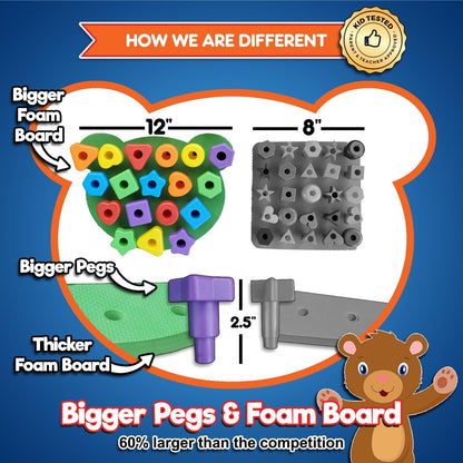 Jumbo Stacking Shapes Pegboard Set for Kids with 18 Pegs, 2 Wooden Dice, Lacing String & Storage Box (Standard Rainbow Colors)