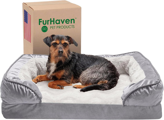 Memory Foam Dog Bed for Medium/Small Dogs W/ Removable Bolsters & Washable Cover, for Dogs up to 35 Lbs - Plush & Velvet Waves Perfect Comfort Sofa - Granite Gray, Medium