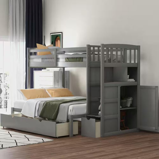 Gray Twin over Full/Twin Convertible Bunk Bed with Storage Shelves and Drawers