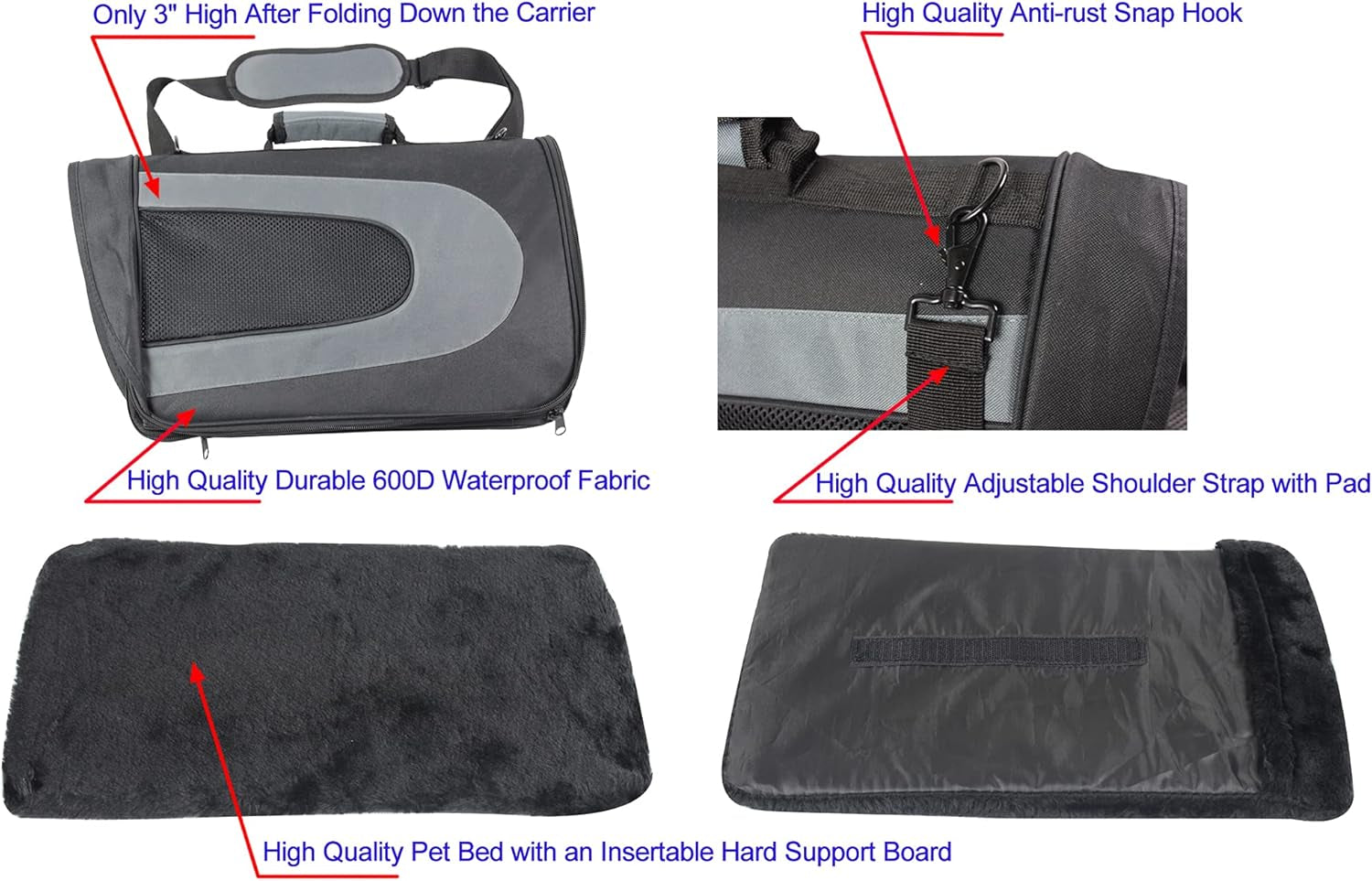 Deluxe Soft Pet Carrier (3 Year Warranty, Airline Approved), Multiple Sizes and Colors Available (18" L X 10" W X 11" H, Black+Gray)