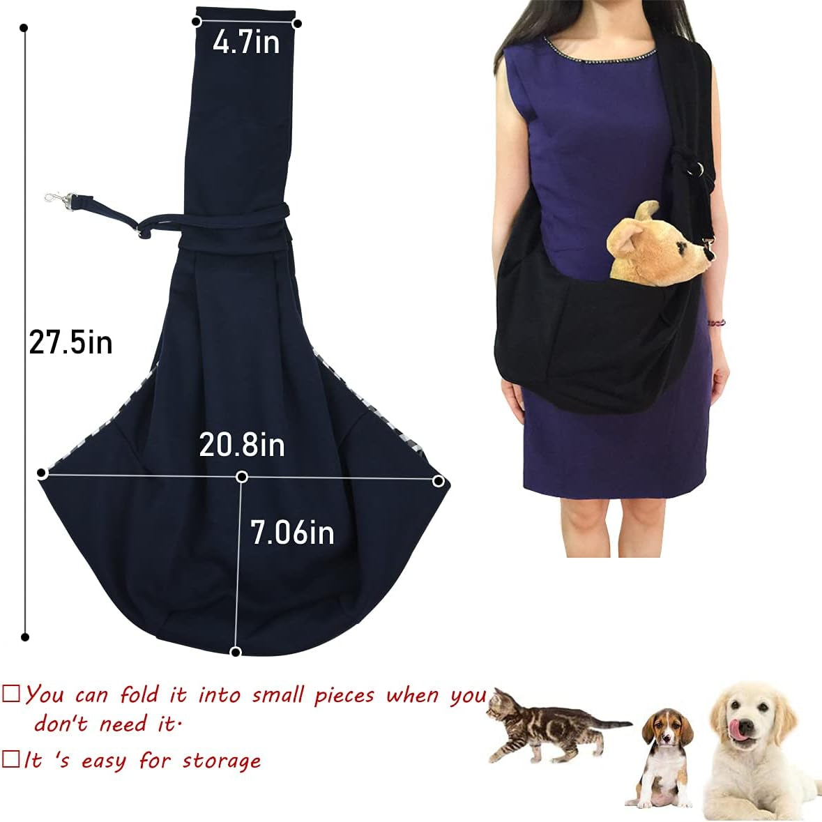 Dog and Cat Sling Carrier Little Pet Carrier Shoulder Crossbody Pet Slings for Outdoor Traveling Subway (Blue)