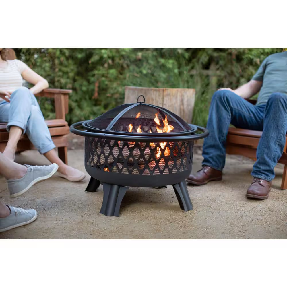 Piedmont 29.6 In. W Black Steel Wood Outdoor Fire Pit with Screen and Poker Included