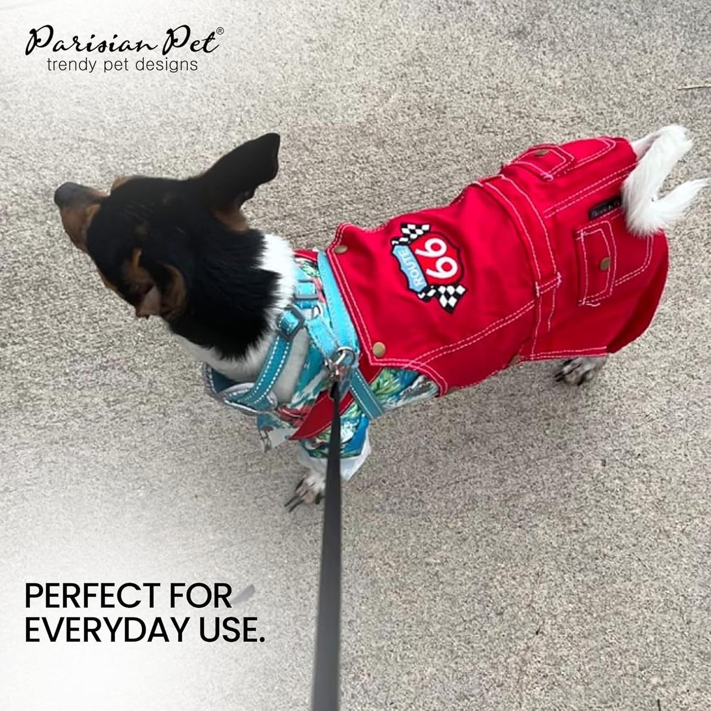 Denim Overall - Embroidered “ Route 66 “ Red Dog Jumpsuit - Breathable Dog Costume - Machine Washable Dog Outfit - Dog Overalls for Small Dogs - S