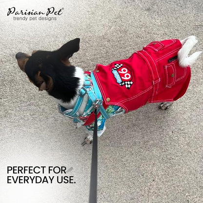 Denim Overall - Embroidered “ Route 66 “ Red Dog Jumpsuit - Breathable Dog Costume - Machine Washable Dog Outfit - Dog Overalls for Small Dogs - S