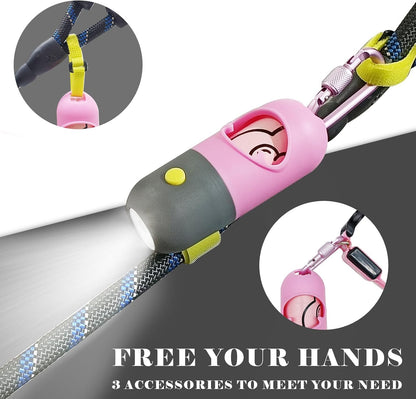 Dog Poop Bag Holder Dispenser with LED Flashlight - Night Visibility for Safe Evening Walks | Upgraded Hands-Free Leash Clip | Includes 15 Dog Waste Bags (Pink)