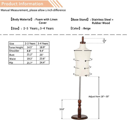 Upgraded Kid Dress Form, 2-3 Years Old, 3-4 Years Old, Toddler Mannequin Torse with Adjustable Rubber Wood Stand for Dress Jewelry Display (3-4 Years Old)
