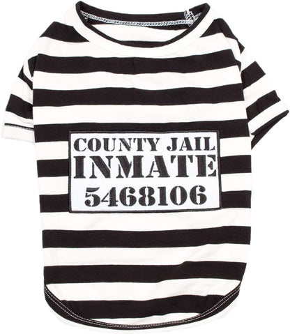 - Medium Dog Shirt - Black & White Striped - Cotton & Polyester - Sleeved & Lightweight - Prisoner Dog Theme