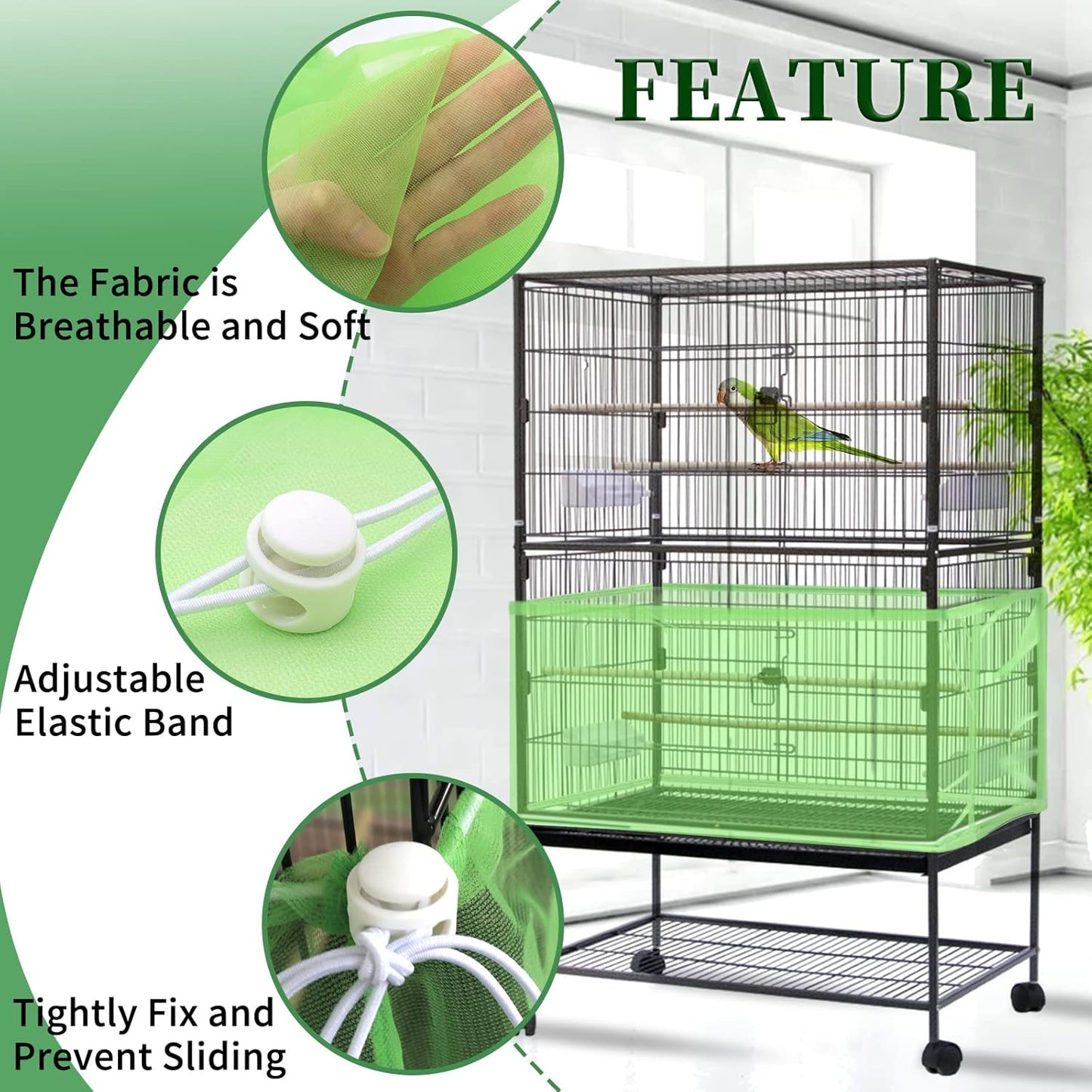 2Pcs Large Bird Cage Cover, Bird Cage Seed Catcher, Adjustable Soft Airy Nylon Mesh Net, Birdcage Cover Skirt Seed Guard for Parrot Parakeet Macaw African round Square Cages (Blue + Green)