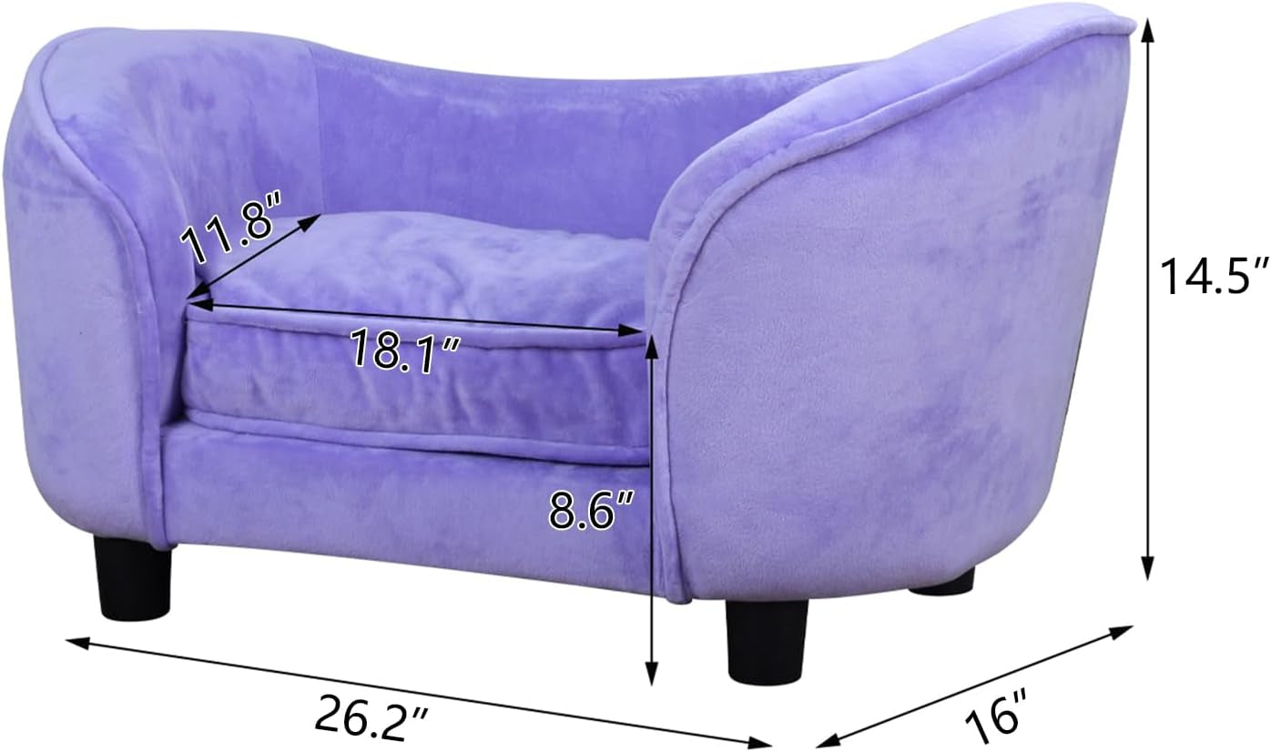 Pet Bed Sofa, Velvet Couch with Removeable Washable Cushion for Small Dog Cat (Purple)