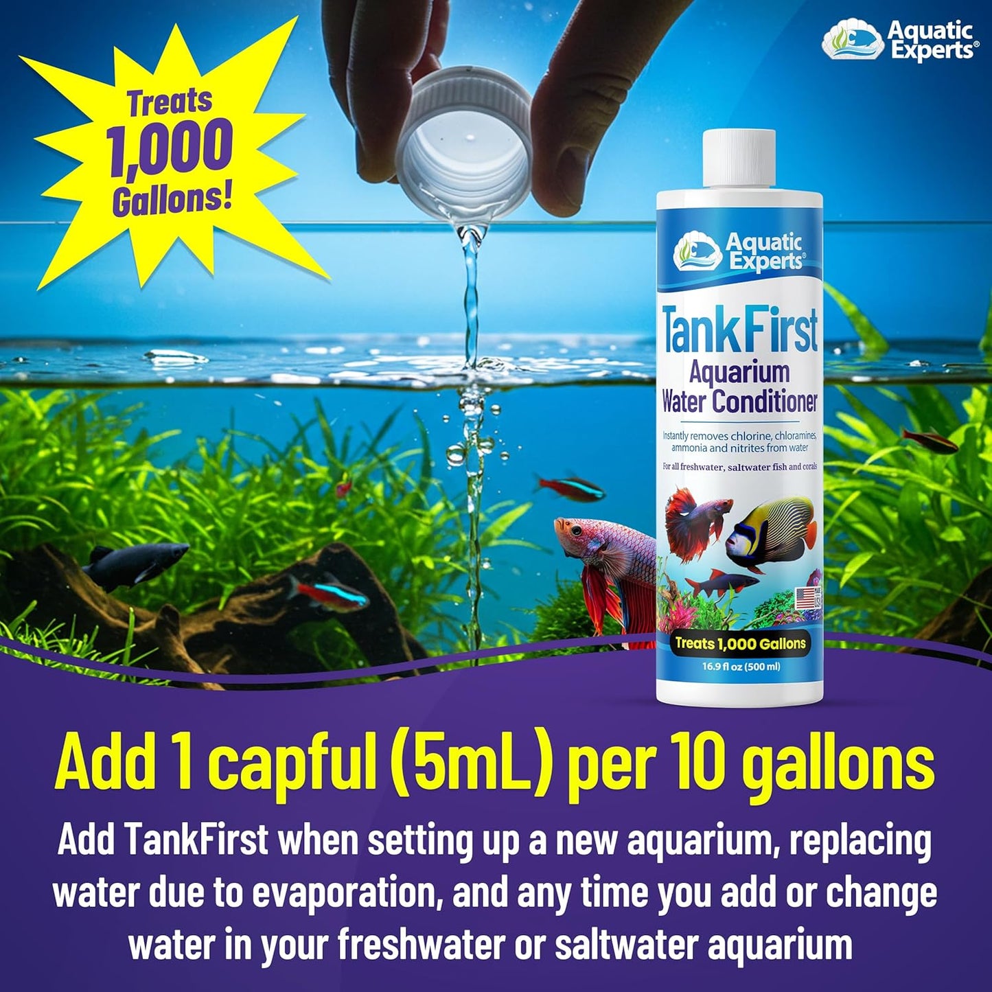 Tankfirst Complete Aquarium Water Conditioner - Fish Water Conditioner, Instantly Removes Chlorine, Chloramines, and Detoxifies Ammonia from Fish Tank (Tankfirst Regular, 500 Ml)