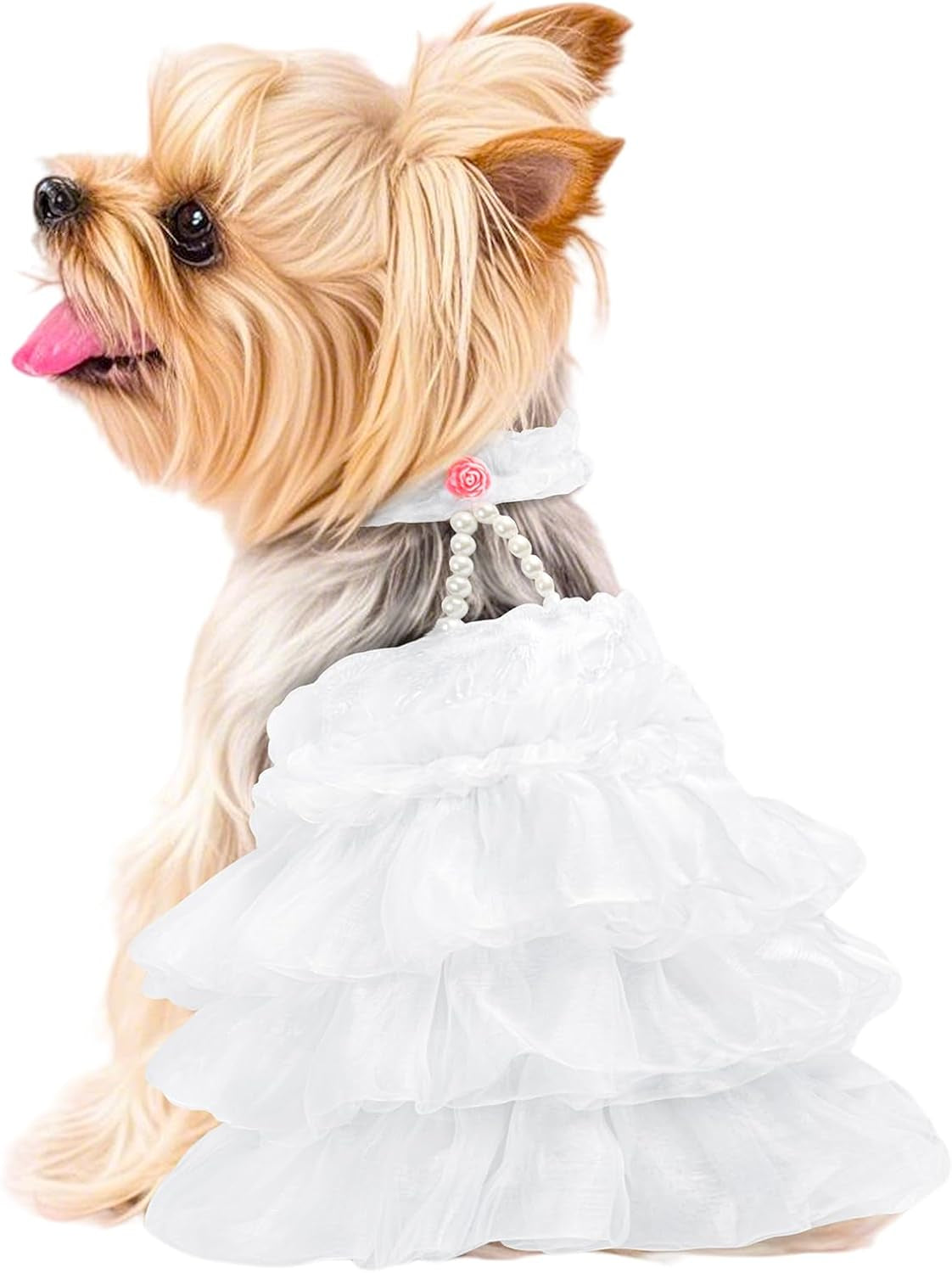 Dog Wedding Dress Bride Outfit with Pearl Necklace and Rose Pet Princess Dress Apparel for Puppy Dog Cat (Large)