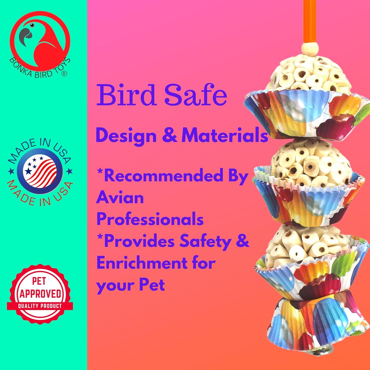 1931 Three Cake, 11.75" Hanging Bird Toy with Sola Balls, Cupcake Cups, Wooden Beads, Bell, and Straw, Chewable and Shreddable, Safe for Parrots, and Small Birds