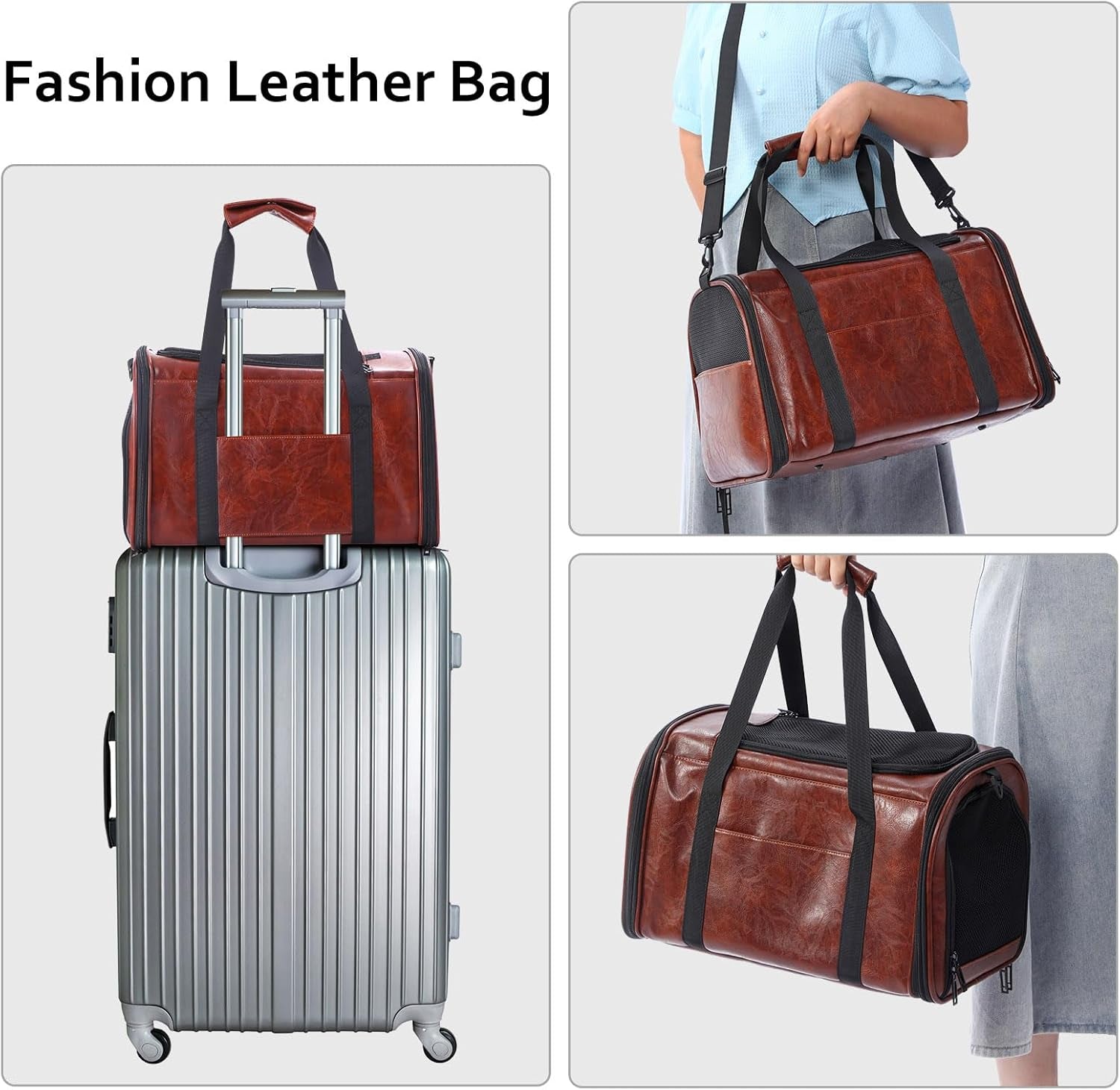Fashion Leather Dog Carrier Cat Carrier Airline Approved Pet Carrier for Small Medium Dogs Cats under 15Lbs, Collapsible Soft Sided Travel Puppy Carrier Coffee