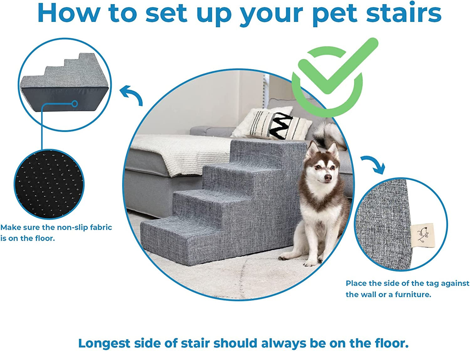 Dog Stairs & Steps - Foam Steps for Small Dogs & Cats, Non-Slip Indoor Balanced Pet Step Support, Dog Ramp, No Assembly, Paw Print on Beige, 3-Step (13.5-Inch Height)