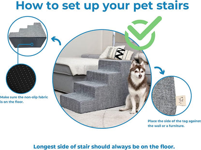 Dog Stairs & Steps - Foam Steps for Small Dogs & Cats, Non-Slip Indoor Balanced Pet Step Support, Dog Ramp, No Assembly, Paw Print on Beige, 3-Step (13.5-Inch Height)