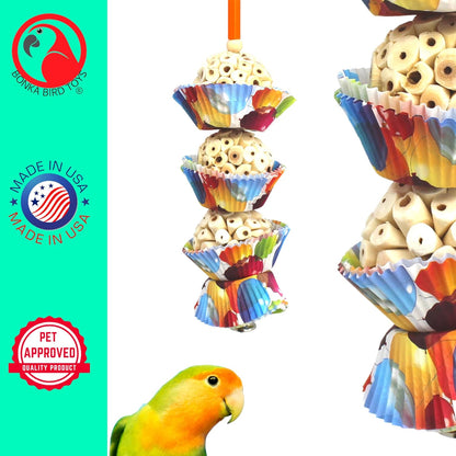 1931 Three Cake, 11.75" Hanging Bird Toy with Sola Balls, Cupcake Cups, Wooden Beads, Bell, and Straw, Chewable and Shreddable, Safe for Parrots, and Small Birds
