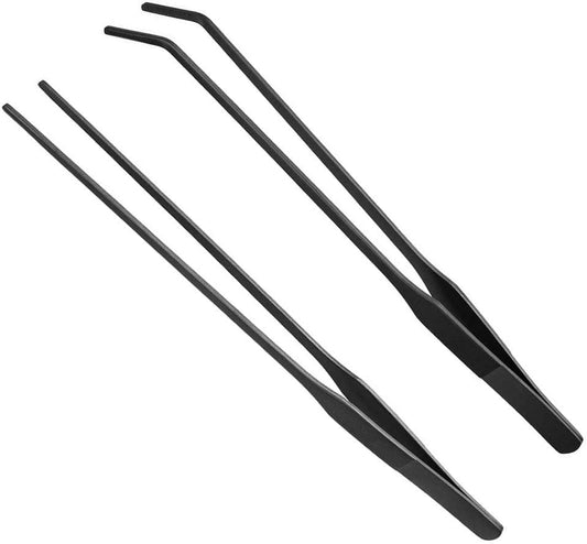2PCS Aquarium Tweezers Stainless Steel Straight and Curved Tweezers Set Long Handle Reptile Feeding Tongs for Aquatic Plants Lizards Spider Snakes Garden Repairing - 10.6Inch, Black