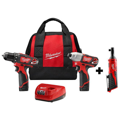 M12 12V Lithium-Ion Cordless Drill Driver, Impact Driver, and Ratchet Combo Kit (3-Tool)