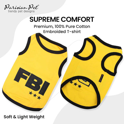 Dog T-Shirt - Embroidered FBI Tank Top - 100% Cotton, Breathable Dog Clothes - Sleeveless Pet Vest - Machine Washable Yellow Tee Shirts for Medium Dogs - M