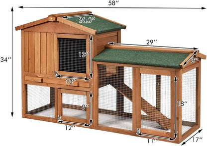 Rabbit Hutch Indoor and Outdoor, 58-Inch Bunny Cage with Removable Tray & Ramp, Wood Chicken Coop with Waterproof Roof for Rabbits, Chicken and Guinea Pigs