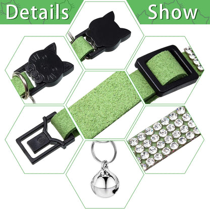 4 Pieces Rhinestones Cat Collars Breakaway Cat Collar with Bell Bling Pet Accessories with Soft Velvet, 4 Colors(Xs,Light Green, Light Blue, Light Purple, Rose Red)