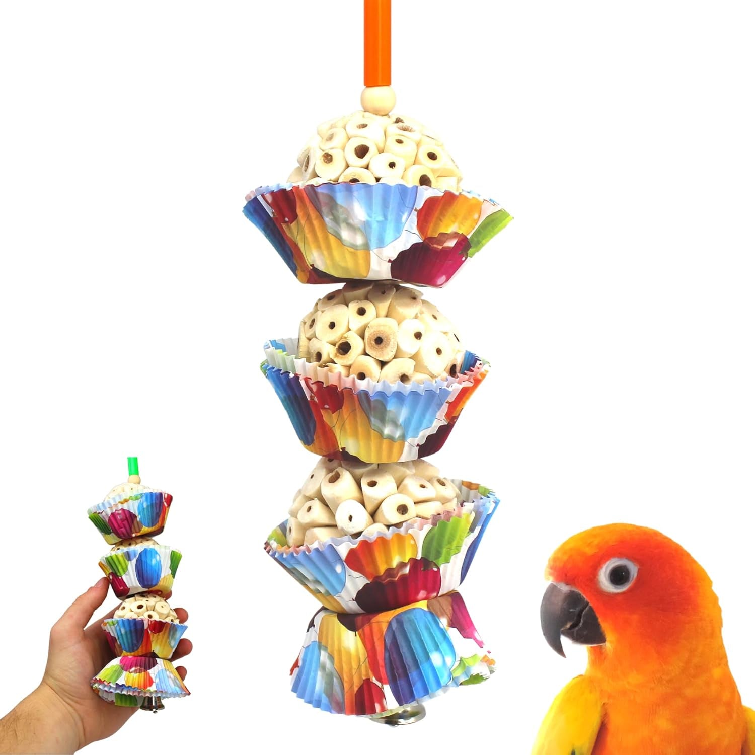 1931 Three Cake, 11.75" Hanging Bird Toy with Sola Balls, Cupcake Cups, Wooden Beads, Bell, and Straw, Chewable and Shreddable, Safe for Parrots, and Small Birds