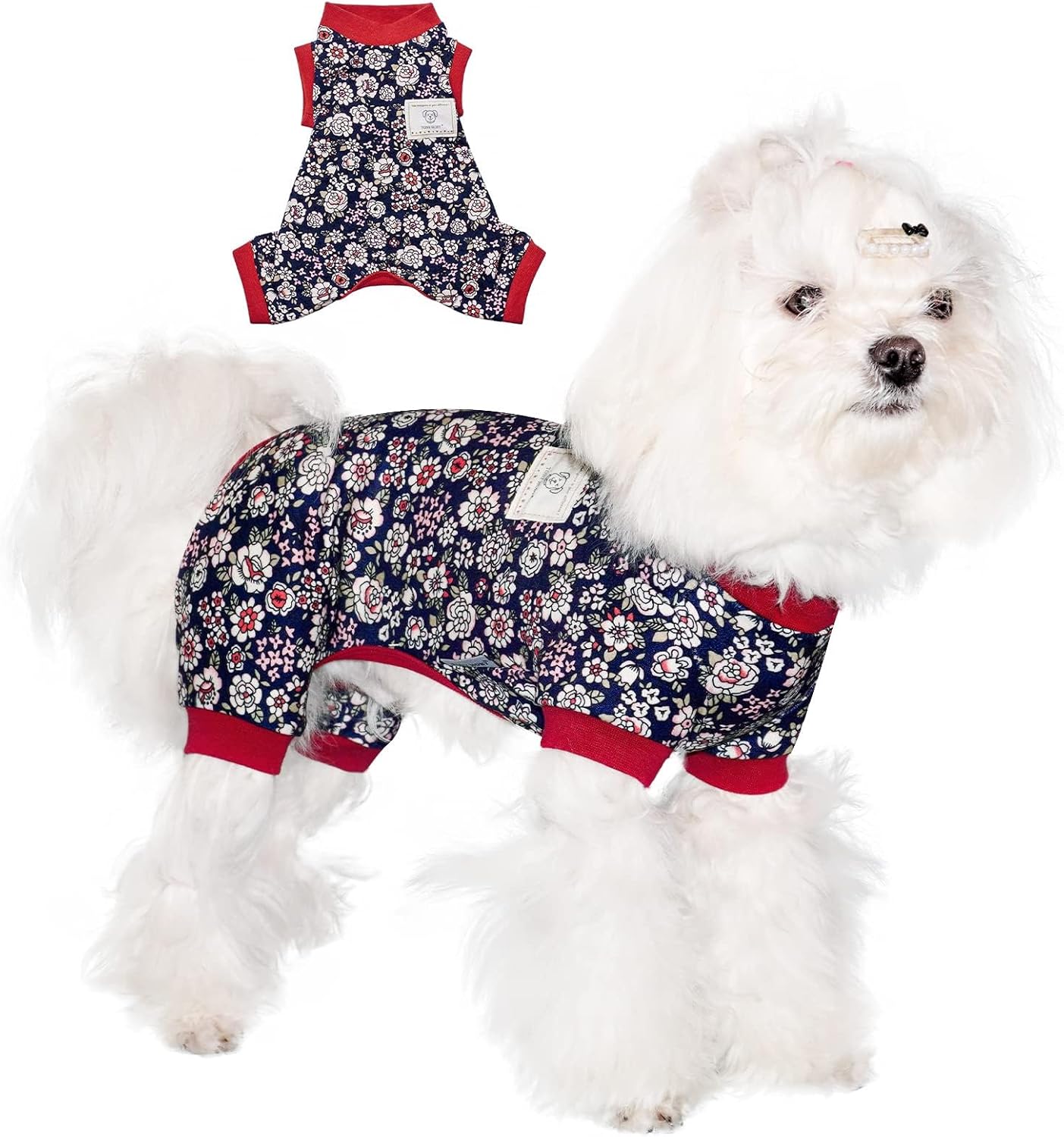 Dog Jumpsuit, 4-Legged Dog Pajamas with Black Flower, Dogs Shirts for All Seasons, Small Medium Dogs (Black, Flower, XL)