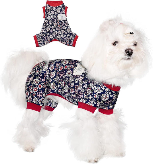 Dog Jumpsuit, 4-Legged Dog Pajamas with Black Flower, Dogs Shirts for All Seasons, Small Medium Dogs (Black, Flower, XL)