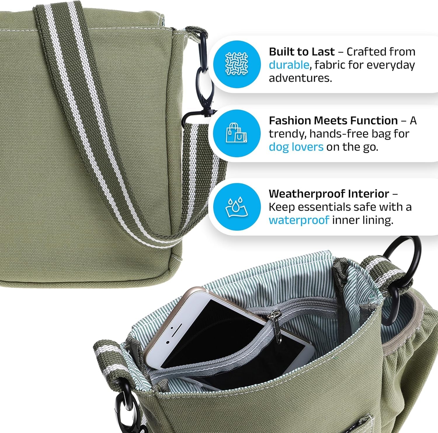 Walkie Bag - Adjustable Dog Treat Pouch Shoulder Bag with Poo Bag & Water Bottle Compartments - Comfort Fit for Everyday Use - Green