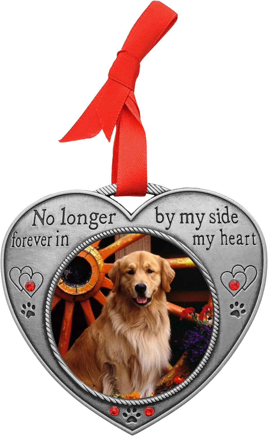 Pet Memory Heart Shaped Photo Christmas Ornament - No Longer by My Side Forever in My Heart - Engraved and Jeweled Keepsake for Pet Loss - Gift-Storage Bag Included - 3.5"