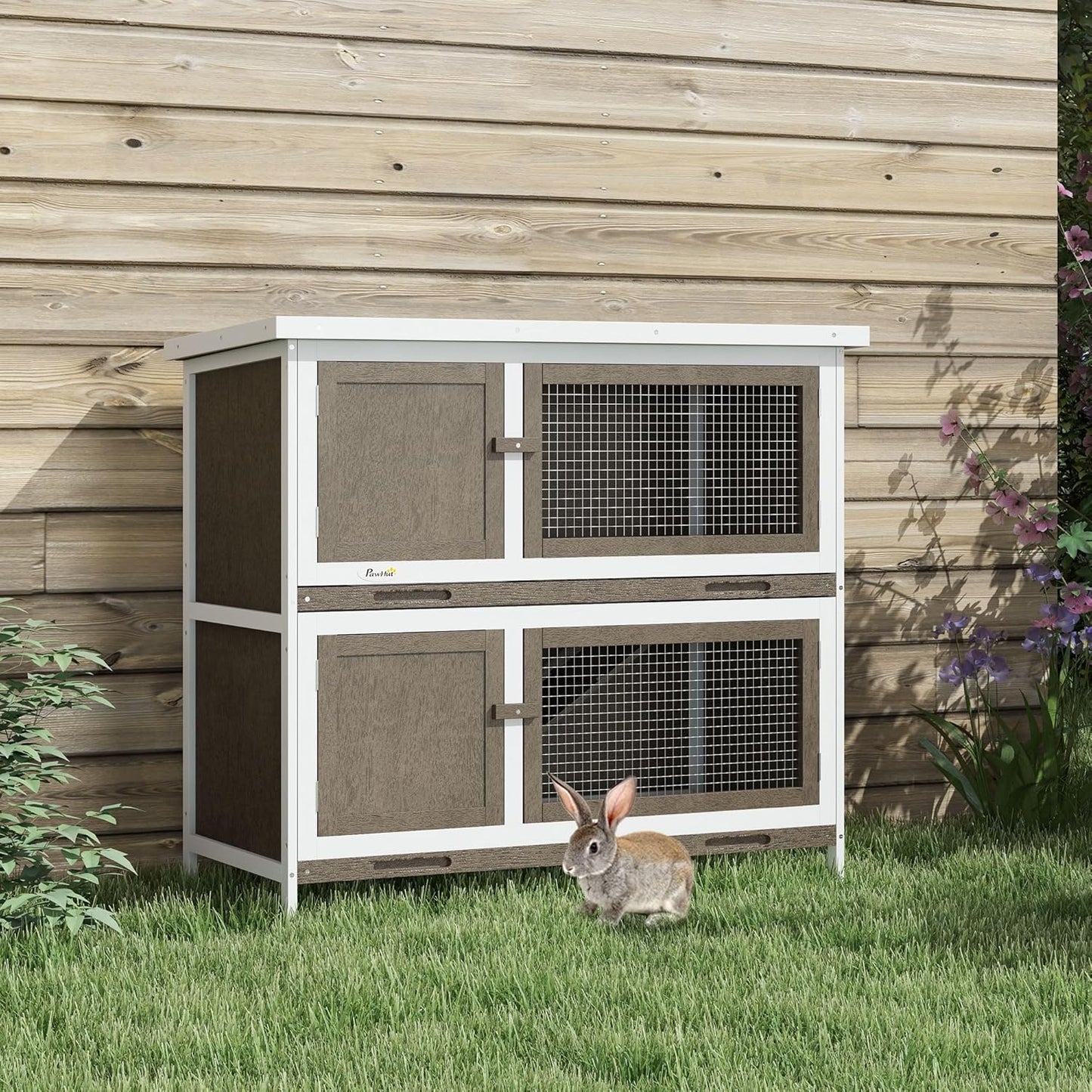 Wooden Bunny Rabbit Hutch, Small Animal Habitat with Ramp, Removable Tray & Weatherproof Roof, for Rabbits, Chickens, Ducks, Indoor/Outdoor, Brown