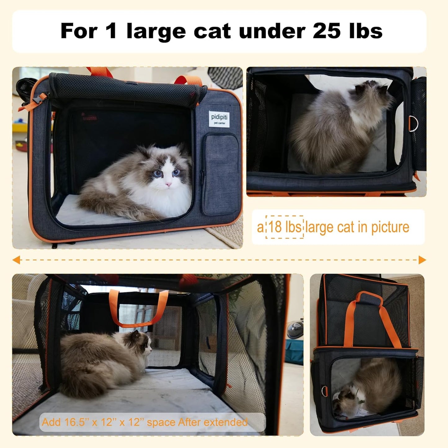 20 X 14 X 14 Inches Expandable Pet Carrier for 1 Large Cat under 25 Lbs,2 Medium Cats/Rabbits 20 Lbs+, 1 Small Dog under 15 Lbs,Cat Crate/Bag for Short Trip/Long Distance Car Travel