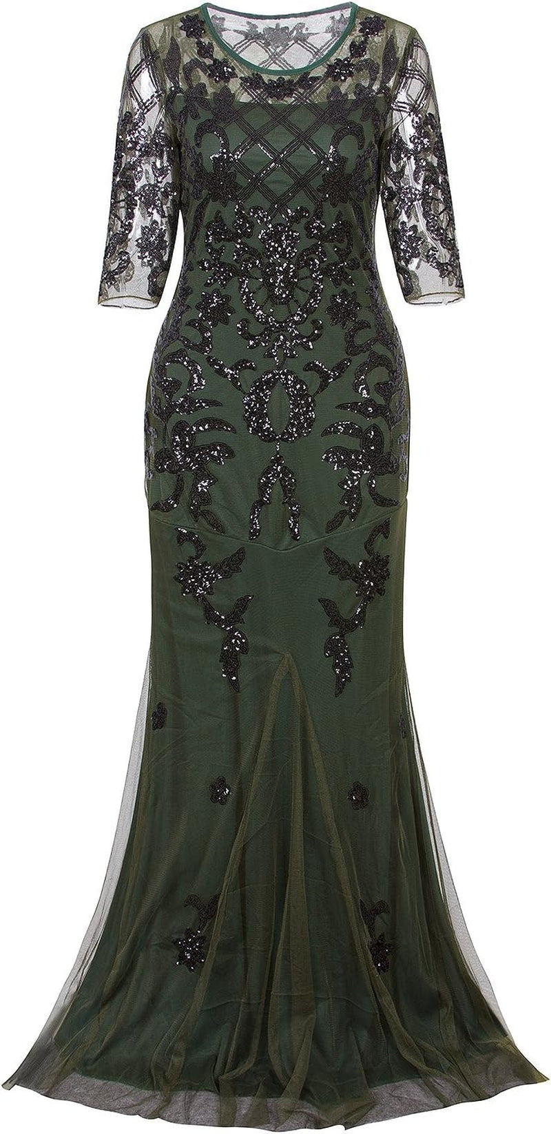 Vintage 1920S Long Wedding Prom Dresses 2/3 Sleeve Sequin Party Evening Gown