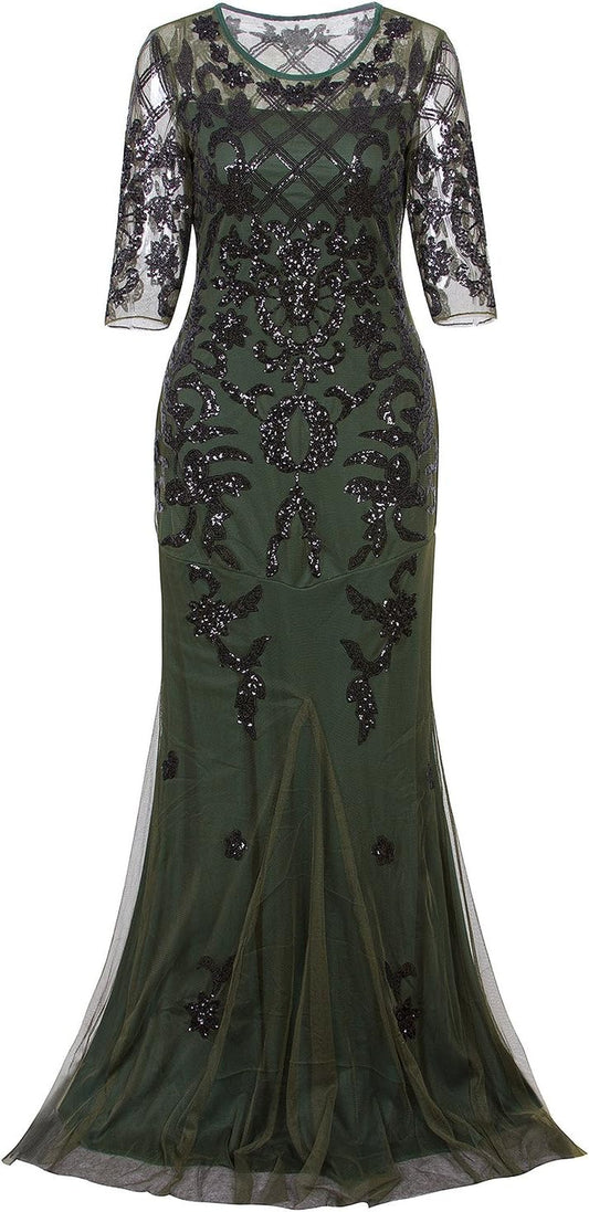 Vintage 1920S Long Wedding Prom Dresses 2/3 Sleeve Sequin Party Evening Gown