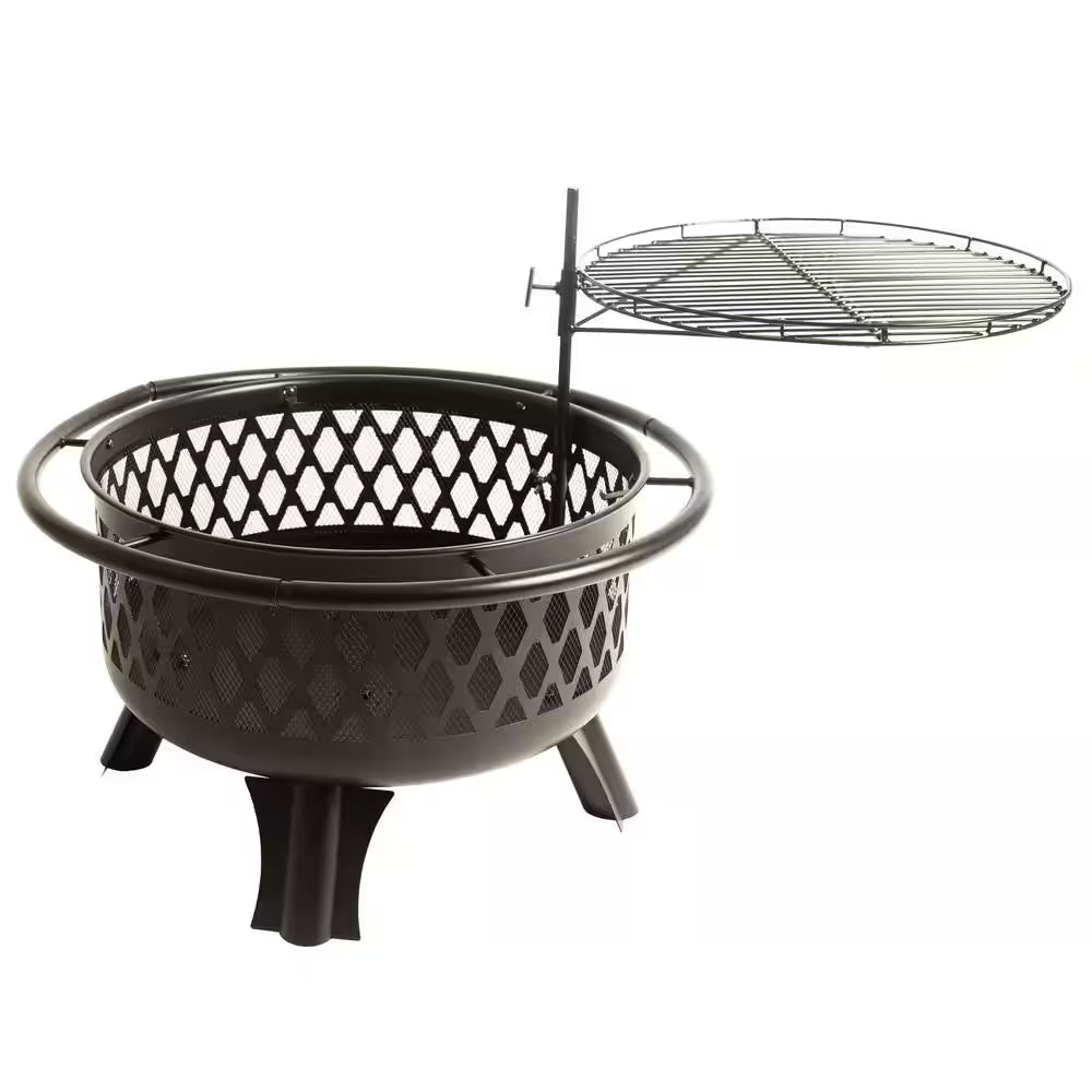 Piedmont 29.6 In. W Black Steel Wood Outdoor Fire Pit with Screen and Poker Included