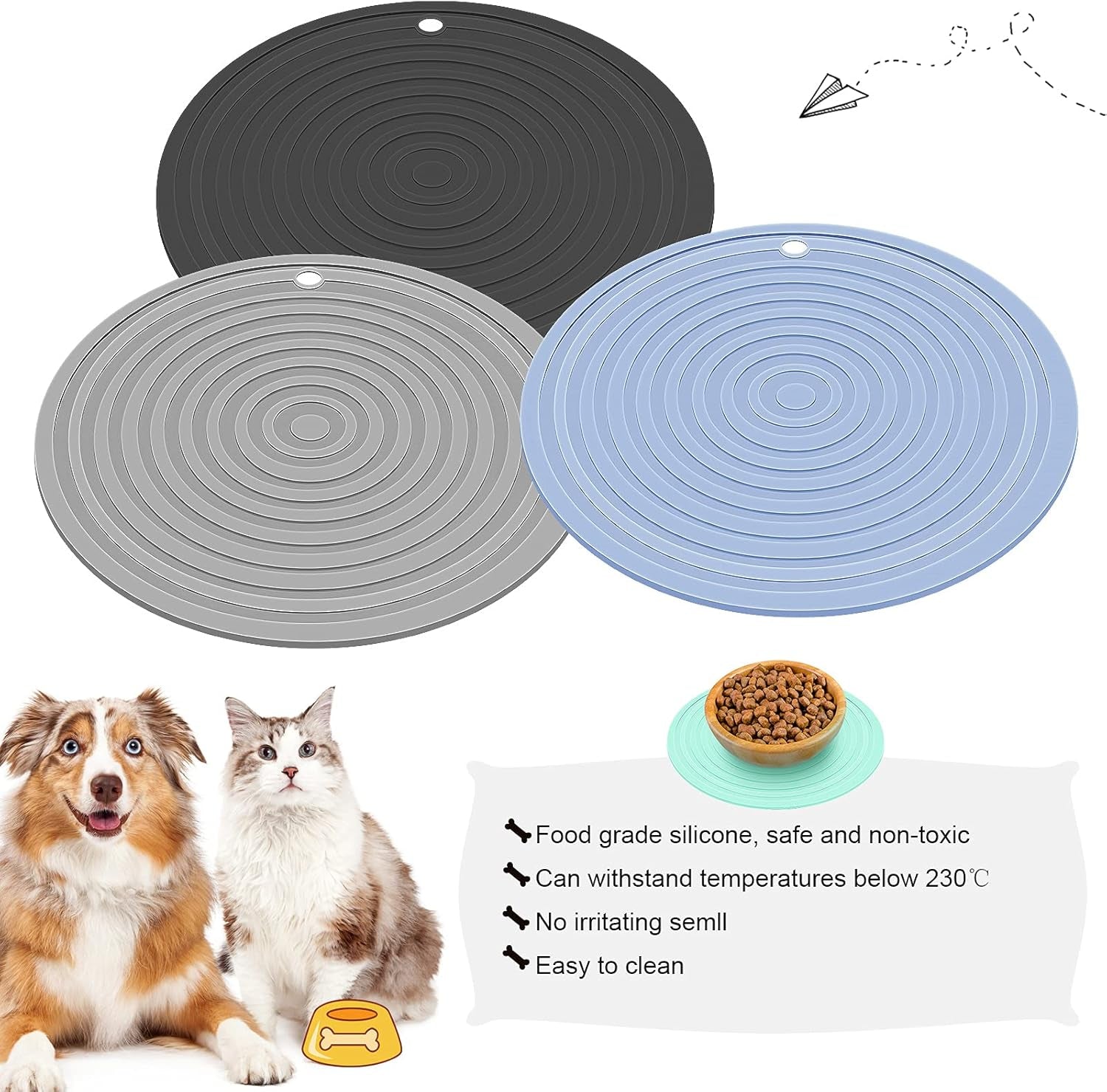3 Pieces Silicone Pet Food Mat Feeding Mat for Dog and Cat Bowl Placemat Preventing Food and Water Overflow Suitable for Medium and Small Pet(9.5 Inch,Blue, Gray, Black)