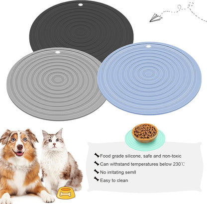 3 Pieces Silicone Pet Food Mat Feeding Mat for Dog and Cat Bowl Placemat Preventing Food and Water Overflow Suitable for Medium and Small Pet(9.5 Inch,Blue, Gray, Black)