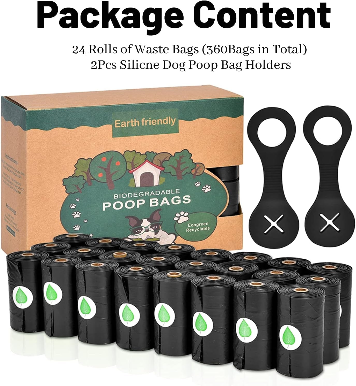 360PCS Dog Poop Bags, Strong Waste Bag Doggy Bags, Extra Thick Poop Bags for Walking Dog with 2PCS Silicone Dog Poop Bag Holder, 360 Bags in Total, Lavender-Scented Black
