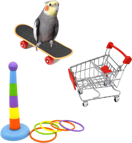 3 Pack Bird Intelligence Toys Stacking Training Rings Mini Shopping Cart Skateboard Stand Perch for Parrot Parakeet Cockatiel Conure Budgie Cockatoo (B)