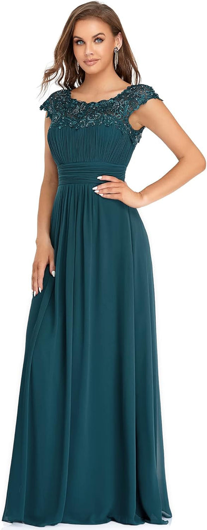 Women'S Cap Sleeve Ruched Lace round Neck Chiffon Formal Evening Gowns 09993-US