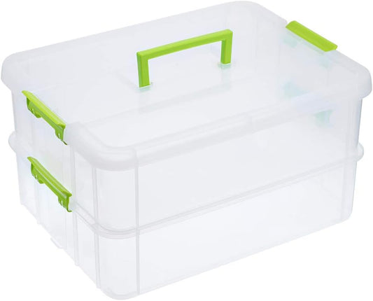 2 Layer Stack & Carry Box, Plastic Multipurpose Portable Storage Container Box Handled Organizer Storage Box for Organizing Stationery, Sewing, Art Craft, Jewelry and Beauty Supplies Green