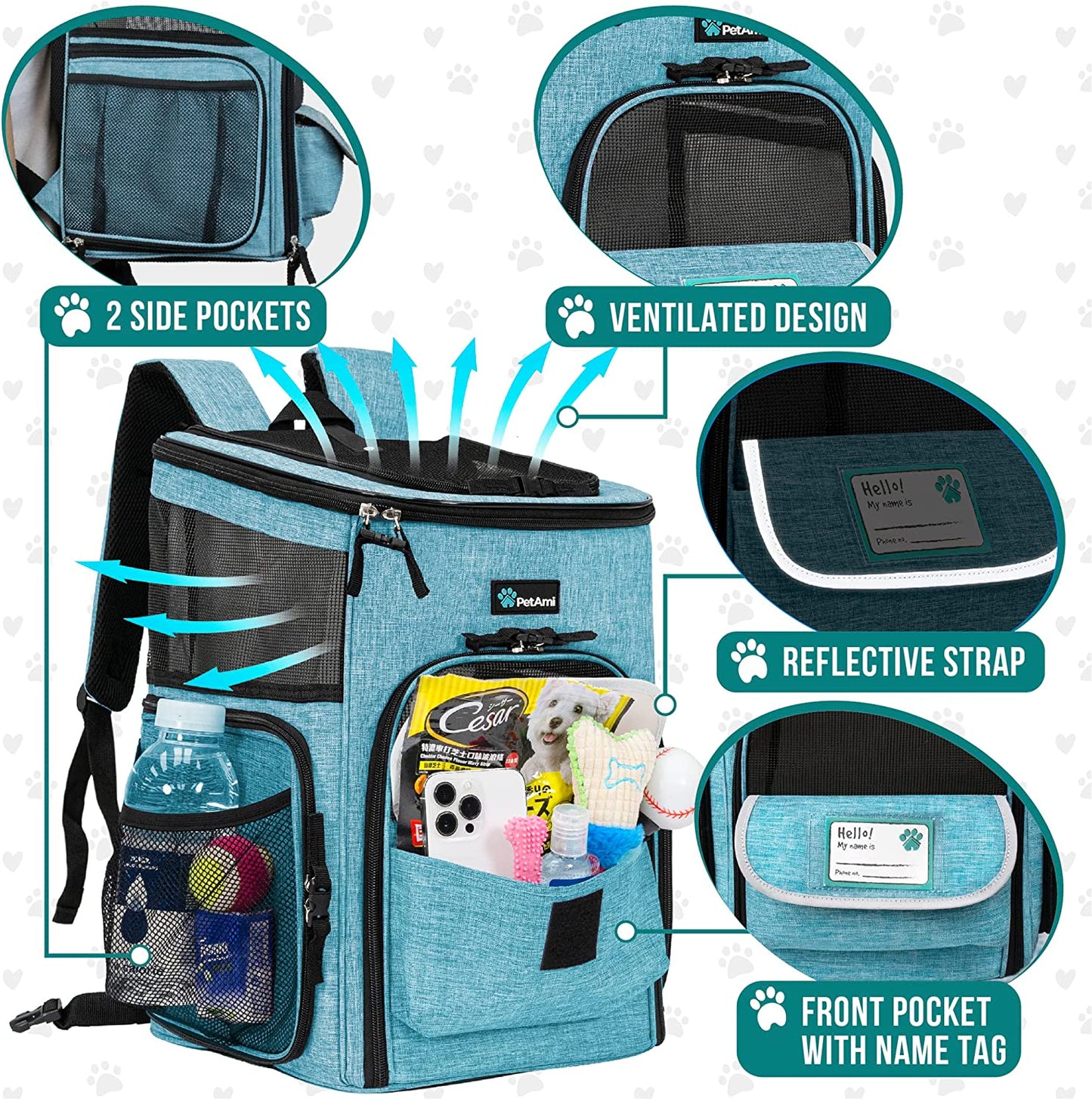 Dog Backpack Carrier, Airline Approved Cat Backpacks for Carrying Small Large Cats, Pet Carrier Back Pack, Ventilated Soft Sided for Travel, Hiking, Camping, Max 18 Lbs, Turquoise