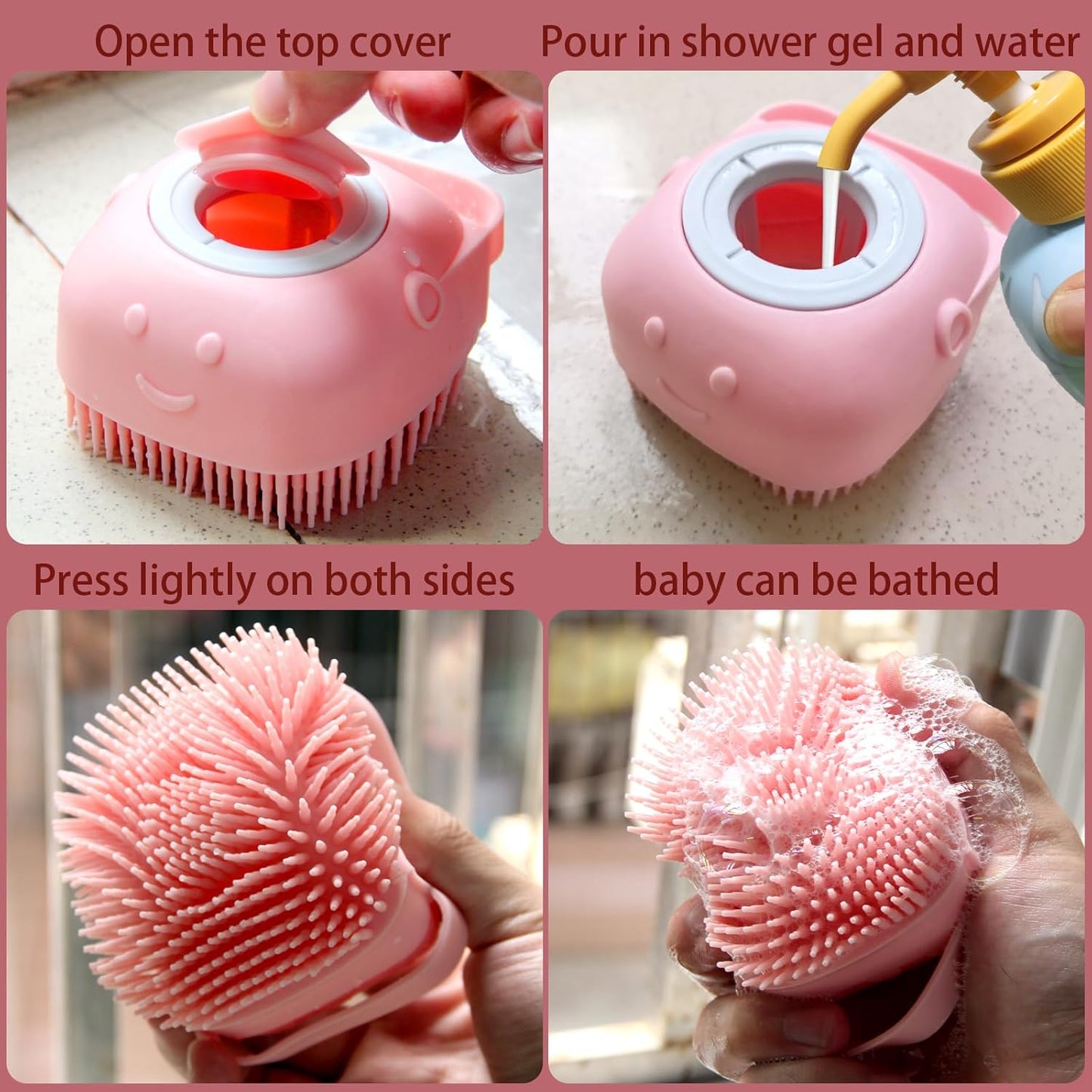 Pet Bath Brush Dog Bath Brush Shampoo Dispenser Soft Silicone Dog Bathing Brush Dog Shampoo Brush Scrubbers for Cats and Dog Shower Brush Grooming (Pink)