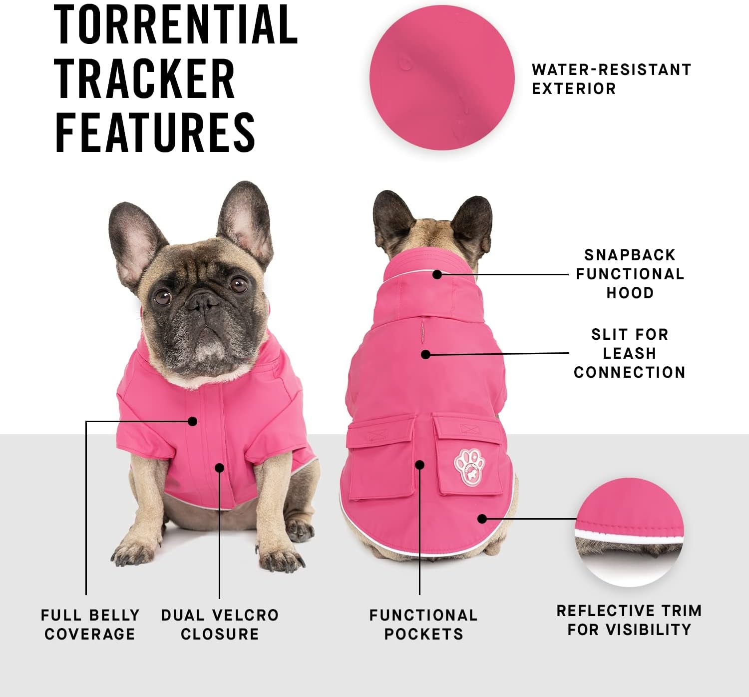 Torrential Tracker Dog Rain Jacket - Easy On, Adjustable Full Body Coverage, Waterproof, Functional Pockets, Reflective Trim Rain Coat for Dogs, Great for Dogs