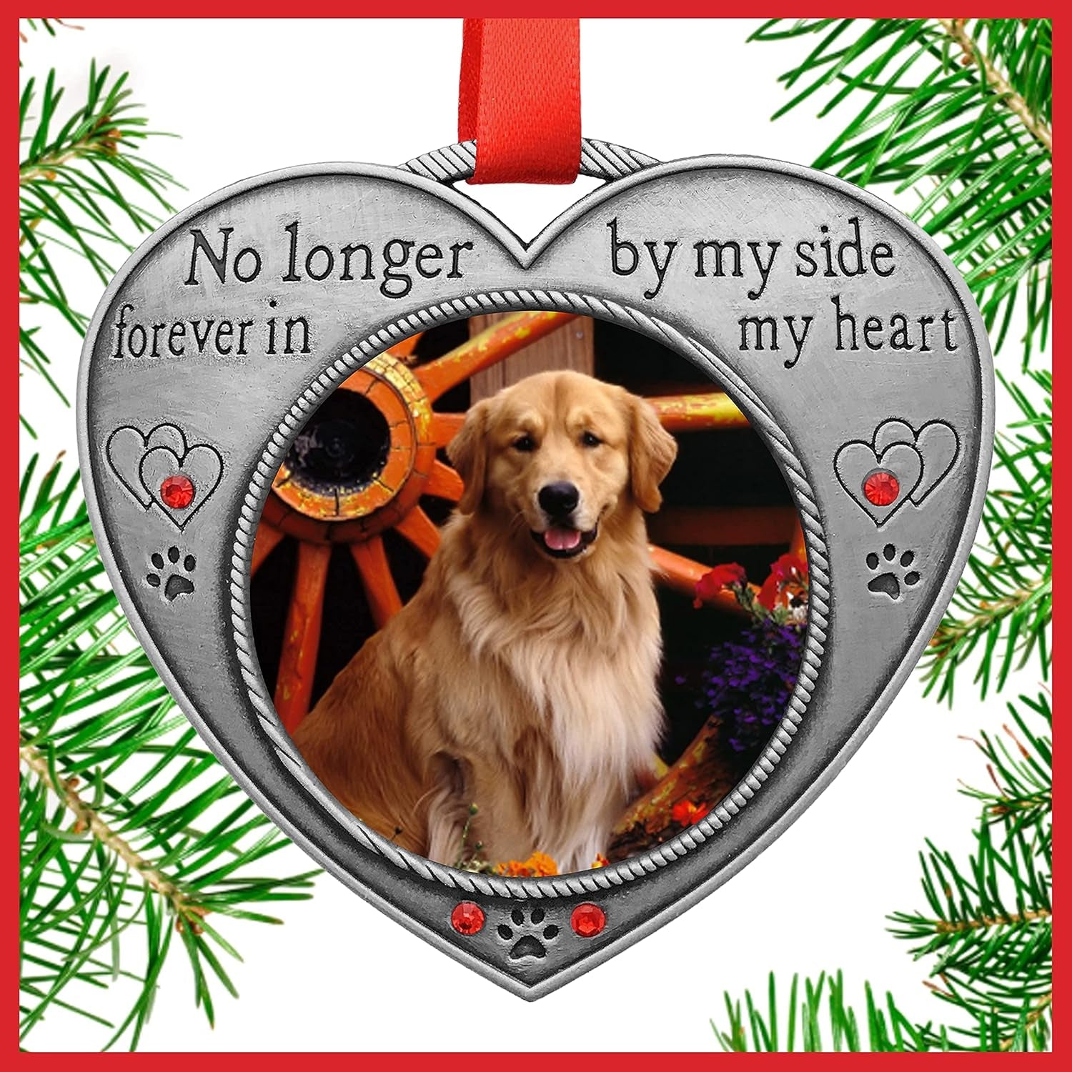 Pet Memory Heart Shaped Photo Christmas Ornament - No Longer by My Side Forever in My Heart - Engraved and Jeweled Keepsake for Pet Loss - Gift-Storage Bag Included - 3.5"
