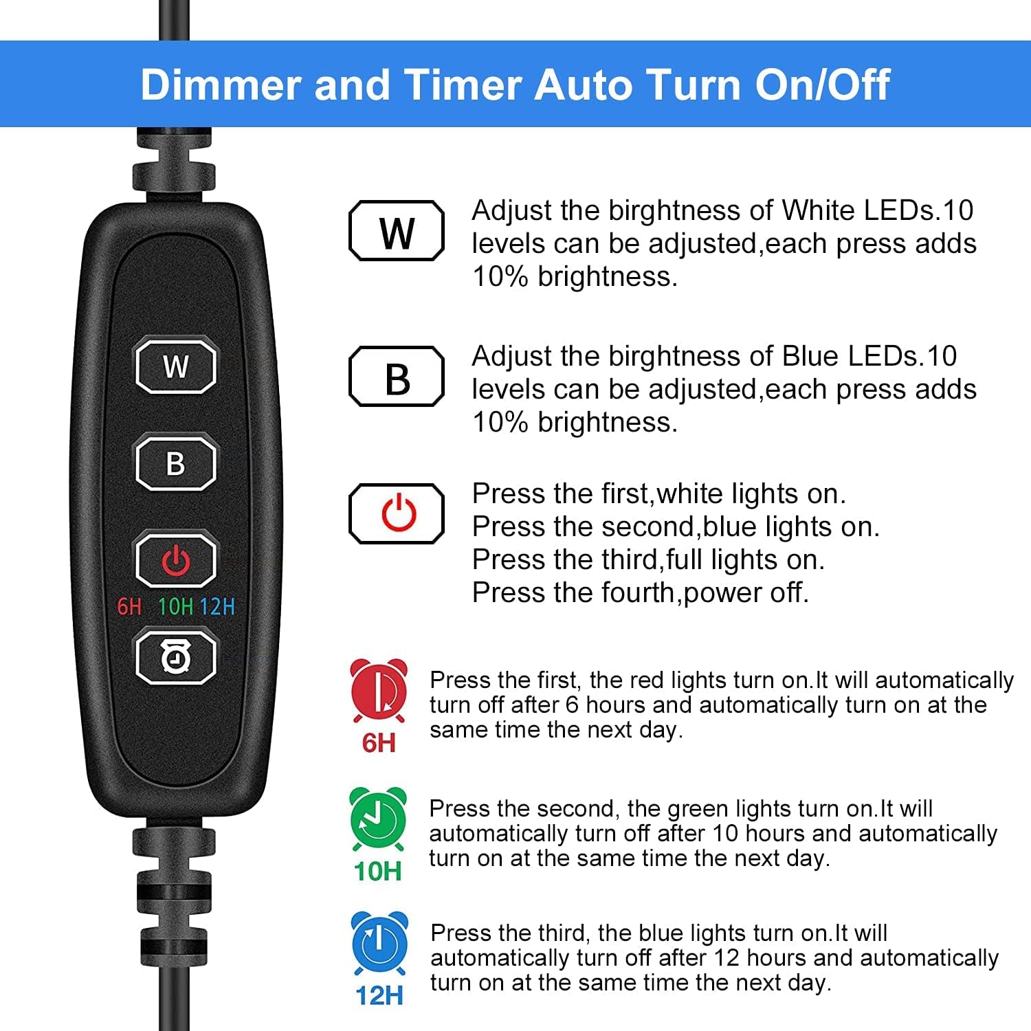 Submersible LED Aquarium Light,Fish Tank Light with Timer Auto On/Off Dimming Function,3 Light Modes Dimmable White-Blue,10 Brightness Levels Optional&3 Levels of Timed Loop Function 7.5''
