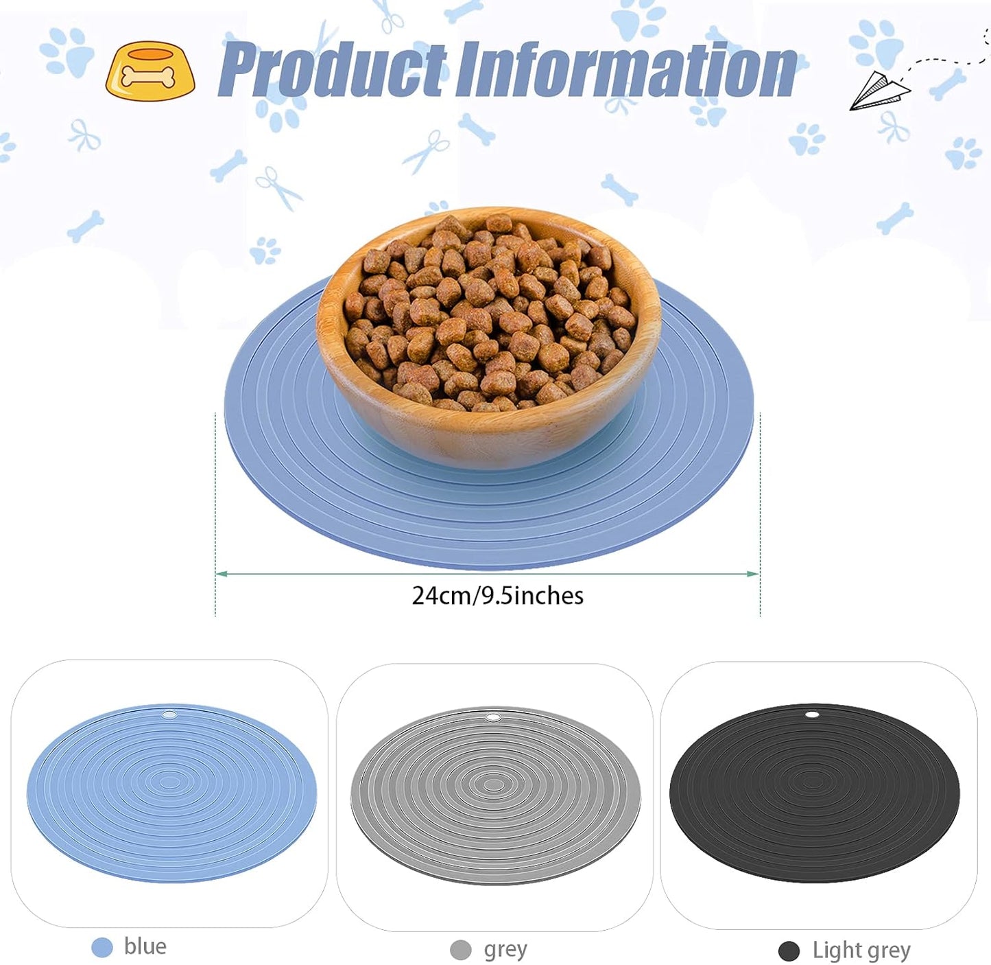 3 Pieces Silicone Pet Food Mat Feeding Mat for Dog and Cat Bowl Placemat Preventing Food and Water Overflow Suitable for Medium and Small Pet(9.5 Inch,Blue, Gray, Black)