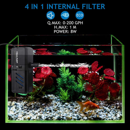 Submersible Aquarium Internal Filter 6W, Adjustable Fish Tank Filter with 132 GPH Water Pump for 1-10 Gallon Fish Tank Black